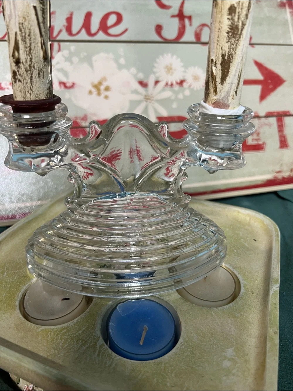 Mid-Century Double Candle Holder w/ Birch Bark Style Candles
